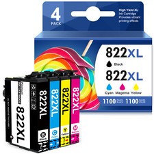 4Pack 822XL T822 Black Color Ink for Epson WorkForce WF-3823 WF-4833 WF-3837