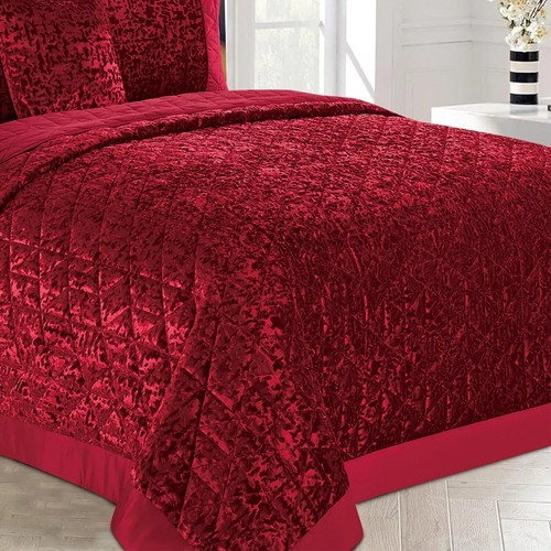 3 Pcs Quilted Bedspread Crushed Velvet Bedspread Bed Throw Set Double King Sizes - Picture 20 of 26