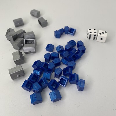 Monopoly Here and Now Replacement Pieces 35 Blue Houses 12 Silver Hotels 2 Dice