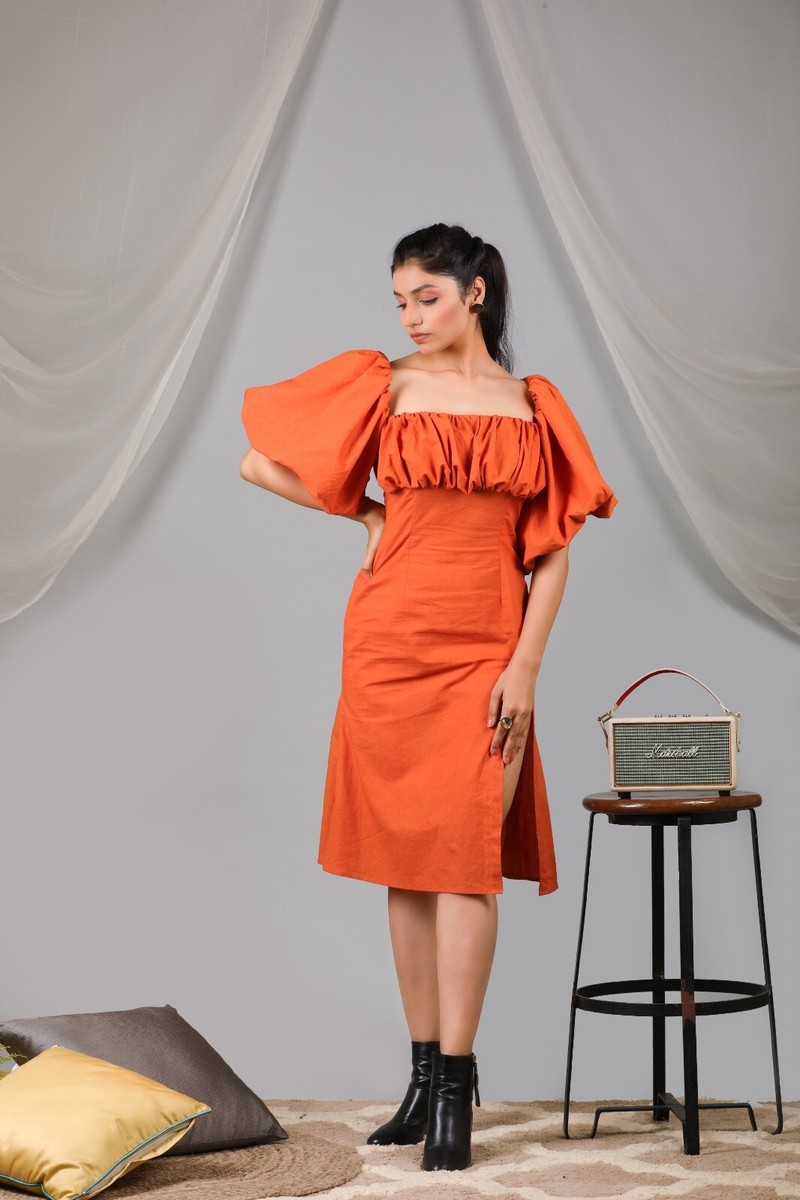 Women Burnt Orange Puff Sleeved Shift Dress , Party and