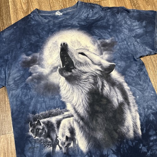 Vintage 2004 The Mountain Howling Wolf Husky Natur Tier blau Batik T-Shirt - Bild 2 von 8