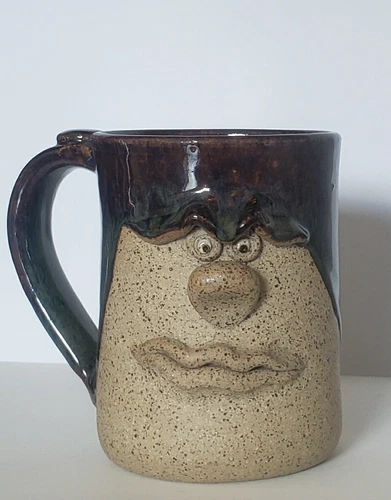 Vintage 3D Fun Grumpy Face Pottery Mug, Signed Hand Crafted Stoneware Coffee Cup