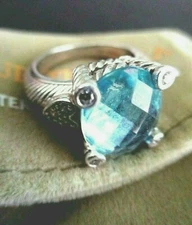JUDITH RIPKA STERLING BLUE QUARTZ  DIAMONIQUE HEARTS   Sz 7 Ring JR POUCH /GF BX