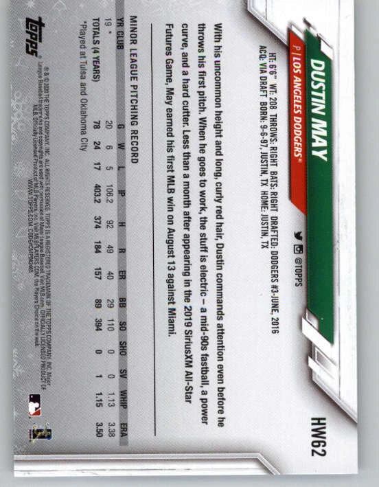 2020 Topps Walmart Holiday Metallic #HW62 Dustin May (ref 150394) - Image 2 of 2