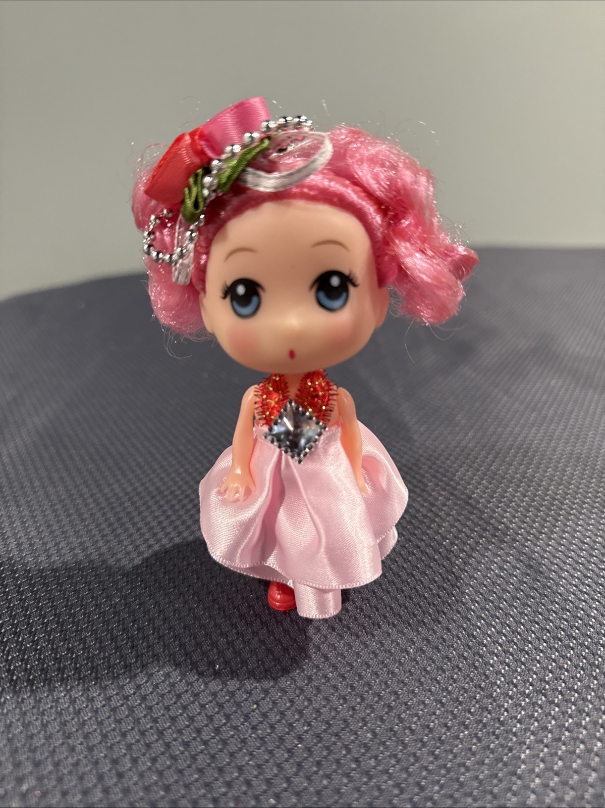 Korean Style Mini Fashion Doll Approx 4” Pink Dress And Hair