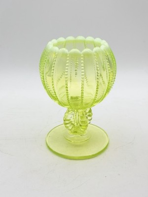 Antique Uranium Glass Compote Beaded Panel Opalescent Rim UV Vaseline Rose Bowl