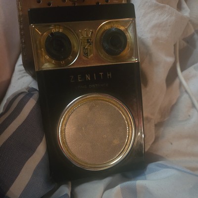 Zenith Royal 500 transistor radio BLACK & GOLD owl eyes LEATHER CASE & BAG!