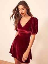 Reformation Peri Dress Burgundy Moody Maroon Mini Dress Puffer Sleeve V-Neck