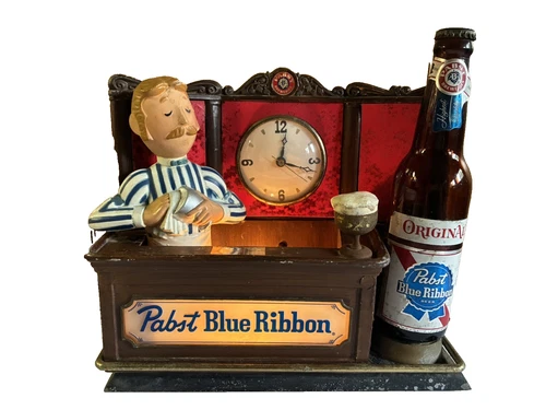 Vintage 50s 60s Pabst Blue Ribbon Beer Bartender Lighted Sign Display With Clock