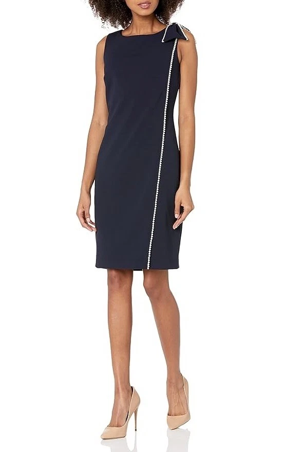 NWT Karl Lagerfeld Paris Womens Solid Sheath Dress with Bow Shoulder and Pearls - Image 2 of 4