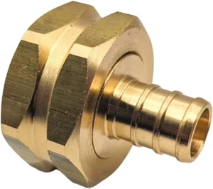 Brass Garden Hose Adapter Swivel Fitting, 1/2” PEX Barb and 3/4” GHT  - Picture 1 of 4