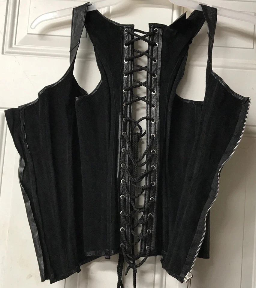 RARO ALLURE 100% Cuero Negro Sobre Busto Corsé Chaleco Talla M Cremallera Frontal, Cordones Traseros Foto 4 de 4