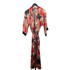 California Dynasty Robe Womens OS Red Paisley Satin Belted Loungewear Vintage