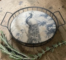Unique, 35cm Solid Wood/metal Floral Peacock Serving Tray