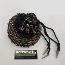 Vintage 1960s Crocheted Beaded Drawstring Purse w/ Silver Accents
