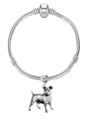 D13 Jack Russell Terrier Pewter charm on a silver Rhodium Plate Snake Bracelet