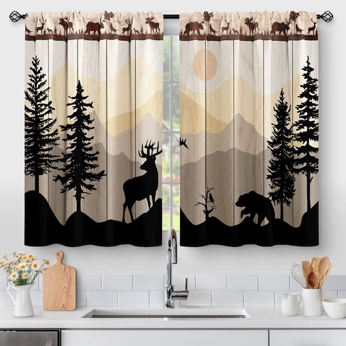 Kitchen Curtains Forest Sunset - Country Rustic Farmhouse Short Cafe Curtains...