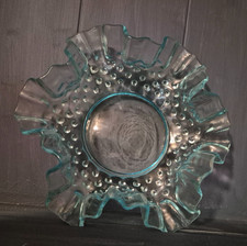Fenton Hobnail Design Blue Aqua Opalescent Glass Bowl Ruffled Edges Used