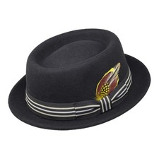 Premium Defoe - Porkpie Hat with Removable Feather - 100% Wool Felt - Water R...