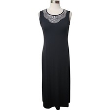 Nina Leonard Sleeveless Maxi Dress M Black Silver Sequins Neckline Knit Stretch