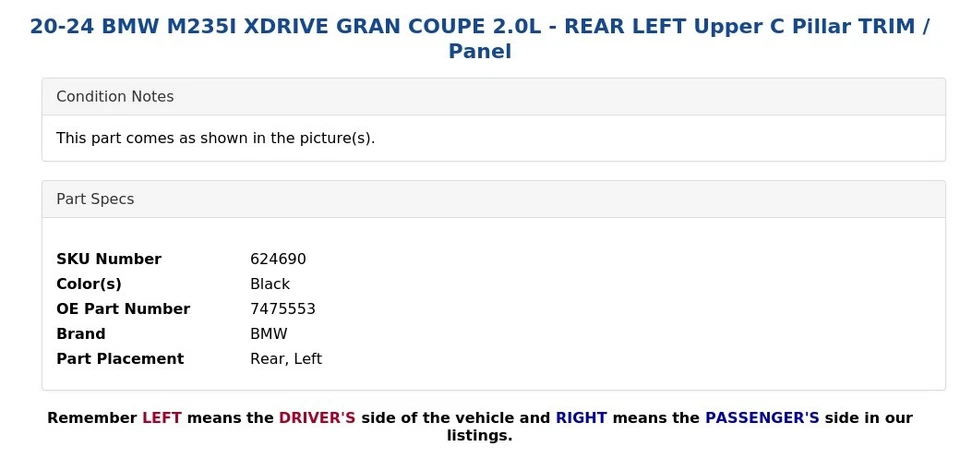 BMW M235I XDRIVE GRAN CUPÉ 20-24 2,0 L - MOLDURA/panel pilar C superior trasero izquierdo Foto 4 de 4