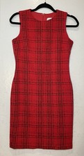Calvin Klein Sheath Dress 4P 4 Petite Red Black Plaid Tweed Sleeveless Career