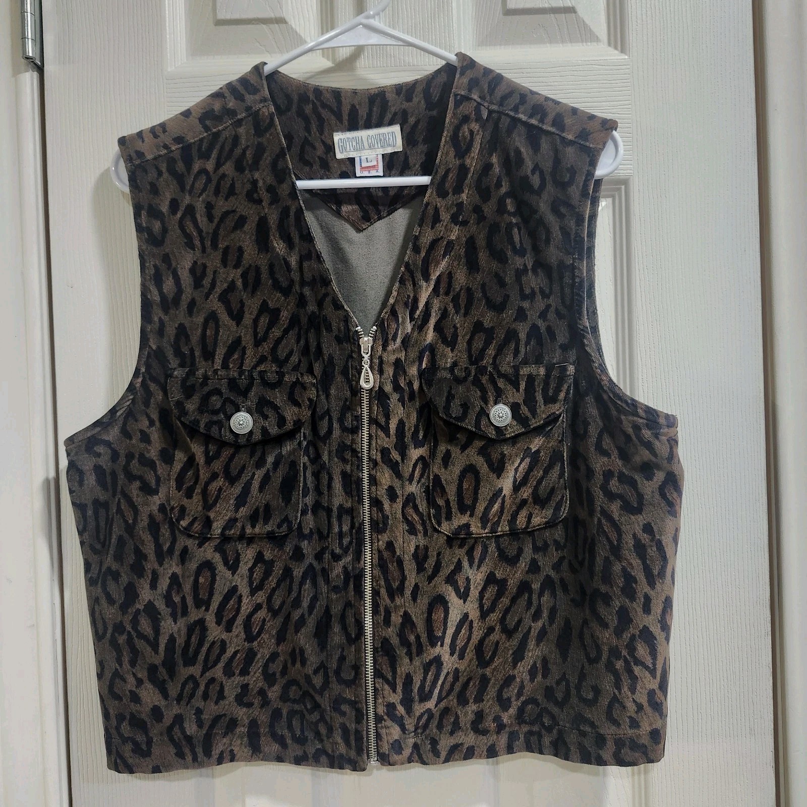 Vintage Gotcha Covered Leopard Print Cotton Zip Vest Womens L Made USA