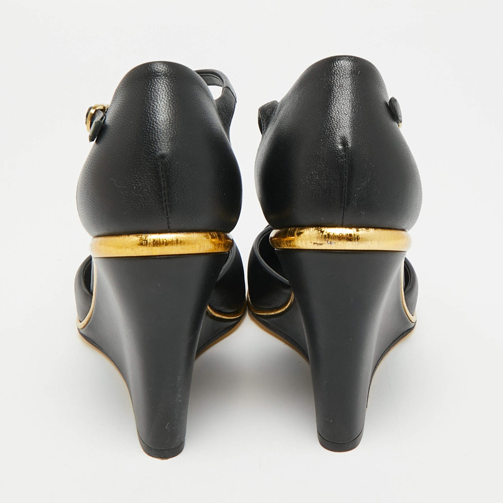 Chanel CC Size 38 Black Leather Wedge Pumps thumbnail 6