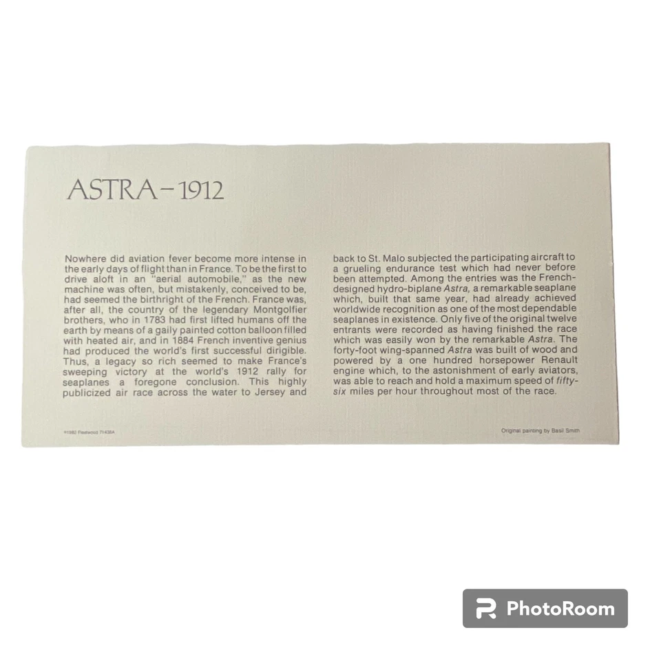 Estampilla de camiseta Astra 1912 impresión Basil Smith emitida 1973 avión aviación Foto 3 de 4