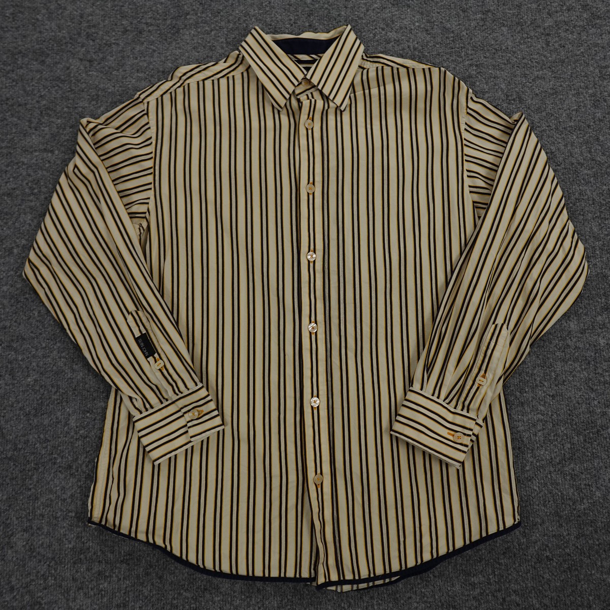 sean john jersey dress Shirt Mens Large Button Up Blue Yellow Striped Long Sleeve Cotton Long Ostrich Feather