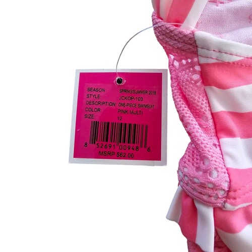 Juicy Couture Black Label Pink White Striped Crochet One Pc Swimsuit Girl SZ 12 - Picture 6 of 6