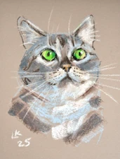 Cute Cat Portrait Original Pastel Artwork 12x8 Signed Wall Art Painting