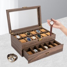 24 Slots Watch Box Watch Case Mens Jewelry Holder Watch Display Case w/ Drawer