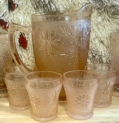 VTG SET (5) INDIANA Glass PEACH Pink TIARA Sandwich 4 TUMBLERS + PITCHER USA