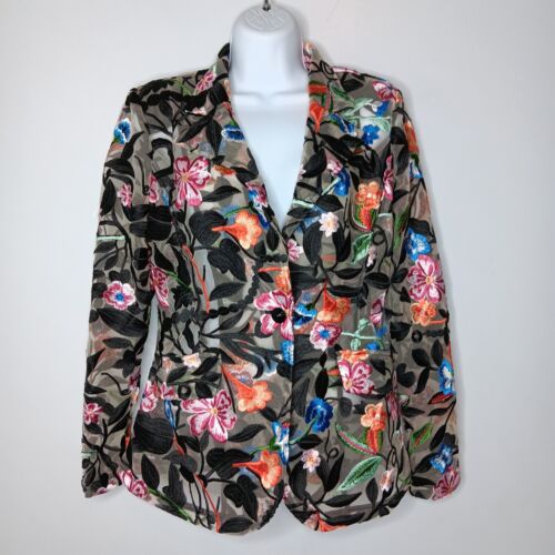 BEREK Women's Small Garden Floral Embroidered Black Mesh Bouquet Blazer NWT