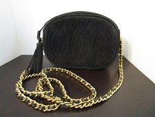 Vintage "Black Suede Quilted" GoldTone/Leather Chain 25" Shoulder Bag