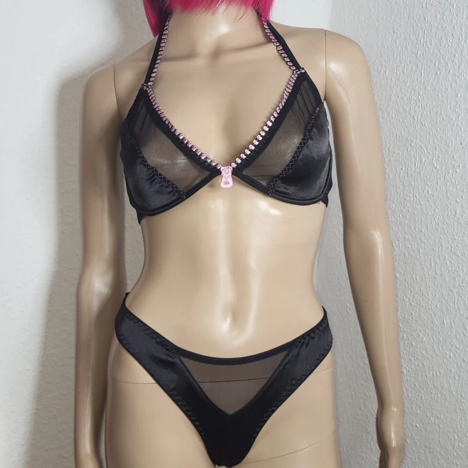 Leg Avenue Dessous Set BH+Tanga, Zipper schwarz Gr L 40/42 string mesh damen neu - Bild 2 von 4