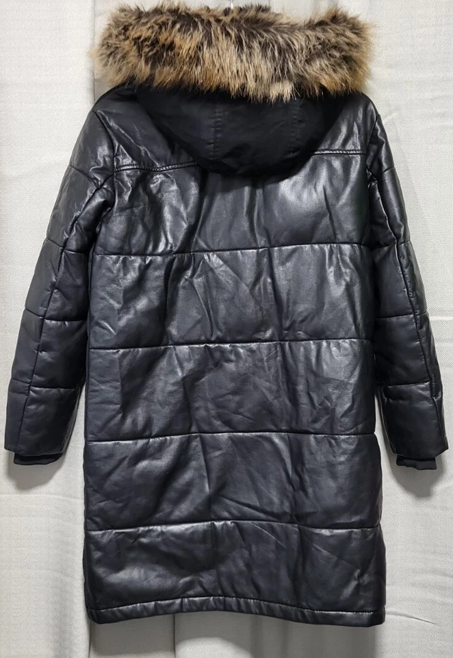 PVP£220 COMO NUEVO TERCIOPELO Damas 1/2 CHAQUETA PARKA IMITACIÓN CUERO ABRIGO CON CAPUCHA UK8 Foto 4 de 4