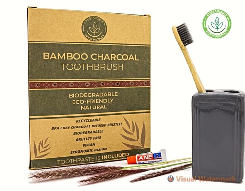 Bamboo Toothbrushes ( Pack of 10). Toothpaste included. Soft Charcoal Bristle - Picture 3 of 12