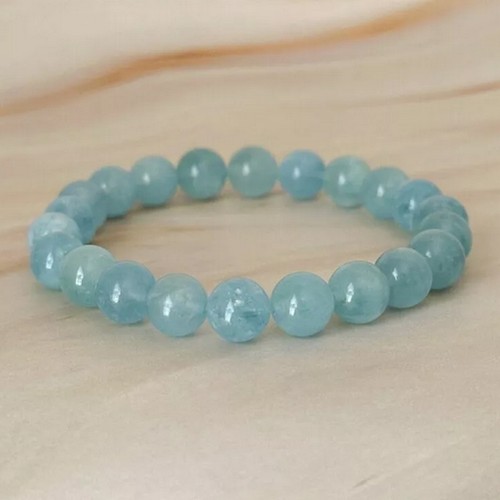 8mm Aquamarine Stone Bracelet Aqua Crystal Stretch Bracelet Handmade - Picture 2 of 6