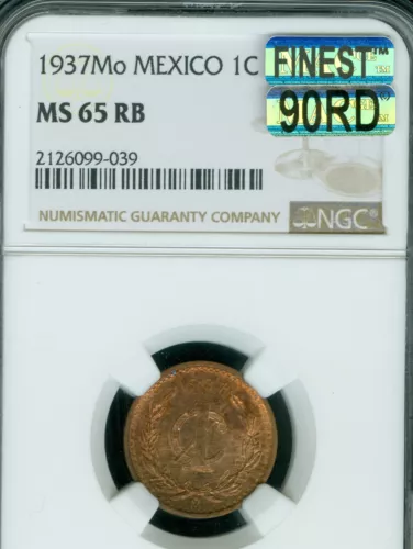 1937  MEXICO CENTAVO NGC MS65 RB PQ MAC 90RD & FINEST MAC SPOTLESS *