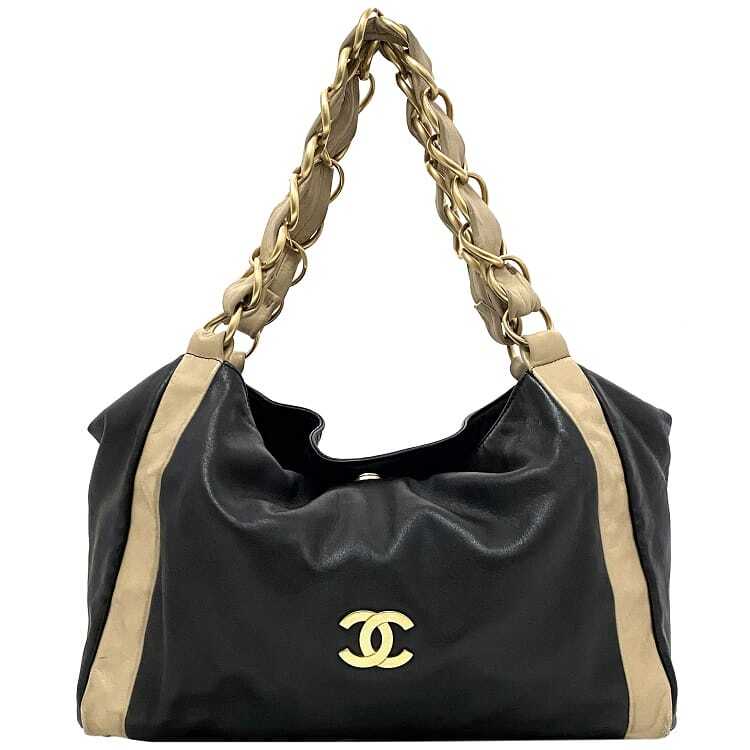 CHANEL Black Beige Gold Coco Mark Leather Lambskin Chain Tote Bag No. 7 Pre-Owned