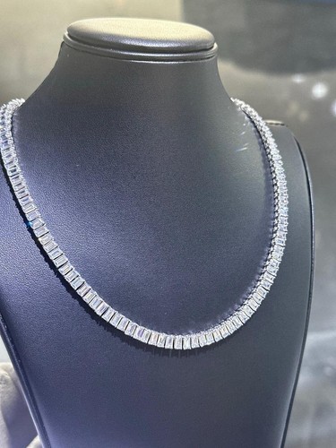 Platinum Sterling Silver Emerald Cut Simulated White Sapphire Tennis Necklace