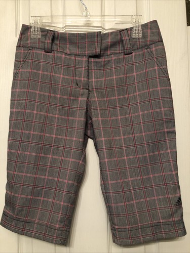 Adidas Womens Bermuda Shorts Black Grey Pink Plaid Checked With Pockets Size 4 - Picture 1 of 5