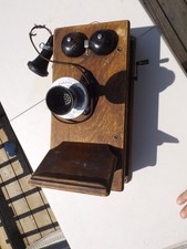 Antique Leich Oak Wood Wall Crank Phone Telephone W/ insides