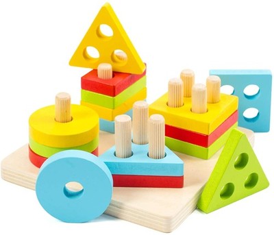 WOOD CITY Wooden Montessori Sorting & Stacking Toys 18 months, Multicolored