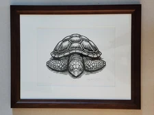 Framed and Matted Woodcut Block Print by Robert Viana of a Sleepy Sea Turtle