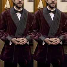 Velvet Men's Smoking Jacket with Belt Long Host Jackets Evening Party Robe