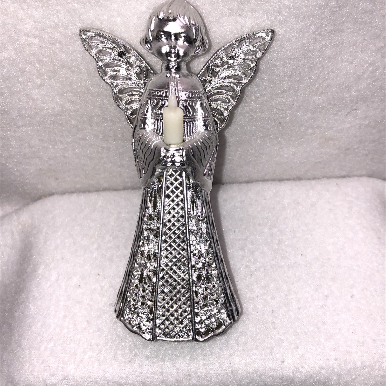 Vintage 1960's Silver Tone Plastic Filigree Angel w Candle Christmas Ornaments