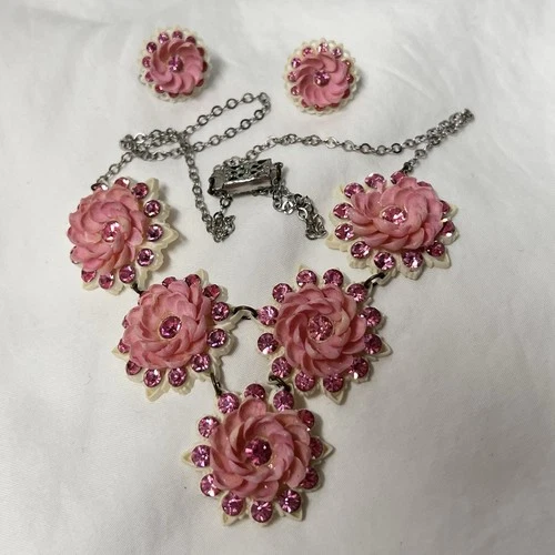 Gorgeous Vintage Costume Jewelry Set Flowers With Pink Rhinestones Silver Tone
